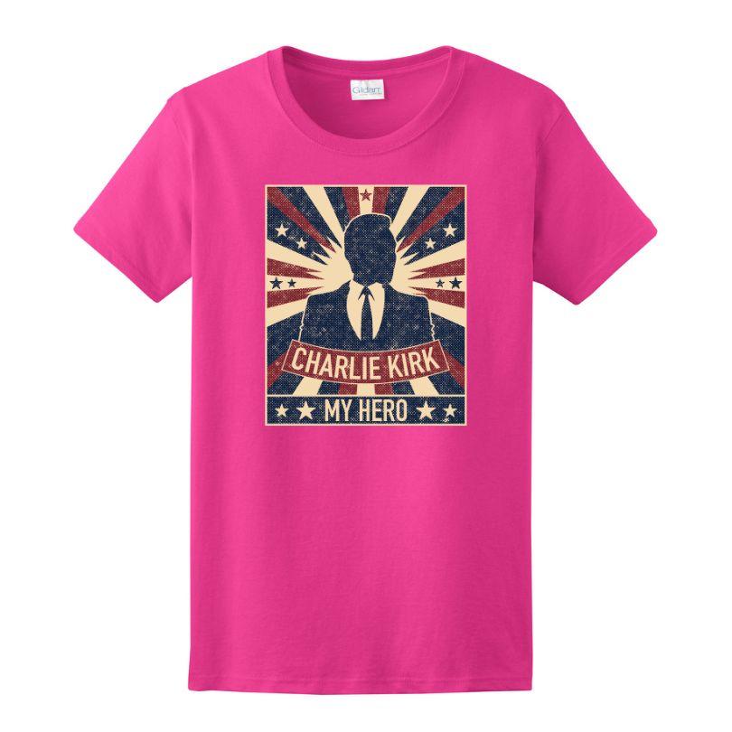 Charlie Kirk "My Hero" Patriotic T-Shirts - Pink M/L/XL image