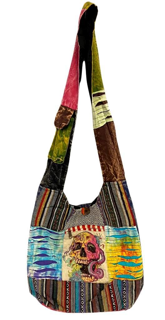 Nepal Handmade Hobo Purse With Tie Dye Skull & Razor-Cut Accents image