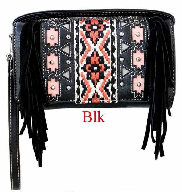 Western Aztec Embroidery Wallet Purse With Studs & Fringes - Black image