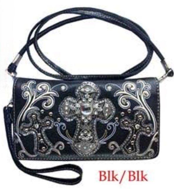 Western Style Rhinestone Cross Embroidery Floral Wallet Purse - Black image